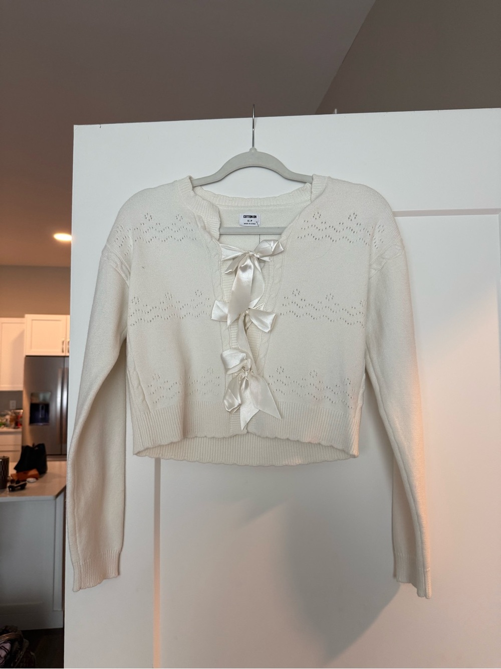 Cotton On Cream Ribbon-Front Cropped Knit Sweater